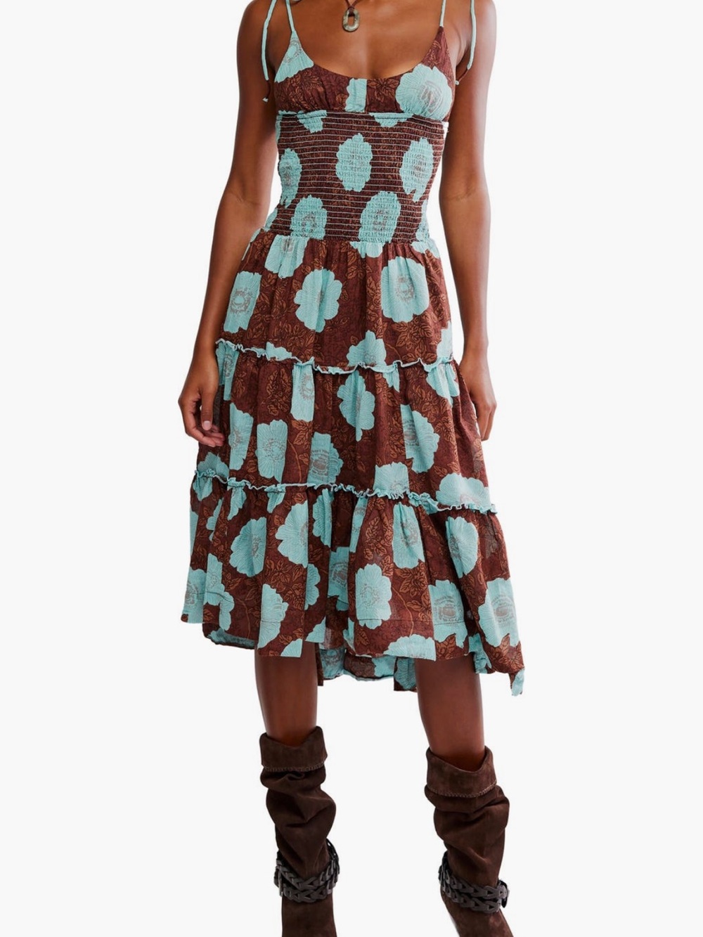 Free People Brown & Aqua Adria tie strap tiered Floral Tiered Midi Dress